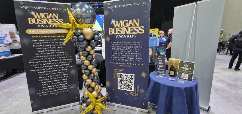 two roller banners about Wigan Business Awards set up at Business Expo Wigan
